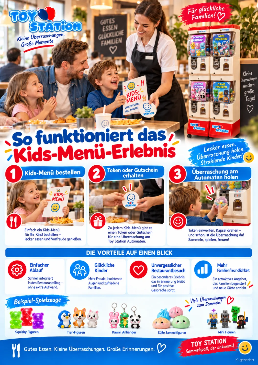 Ablauf des Kids Menüs in fünf Schritten: Eltern bestellen, Token erhalten, Kind zieht eine Spielzeugkapsel am Automaten, Familie genießt das Menü, alle freuen sich.